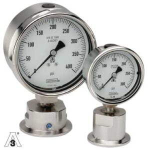 Heavy Duty Sanitary Pressure Gauge, Bottom Mount, 1.5" ASME BPE Sanitary Clamp, Glycerin Sanitary Seal Fill, 4" 304SS Case, 0 to 400 psi