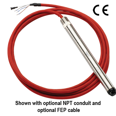 Small Diameter Submersible Transmitter, Wetted Materials: 316 SS, 0 psig to 25 psig, ±1% of Span Accuracy, 4 mA to 20 mA Output + HART, Polyamide Nose Cone, 150 ft PUR Cable, Cable Clamp